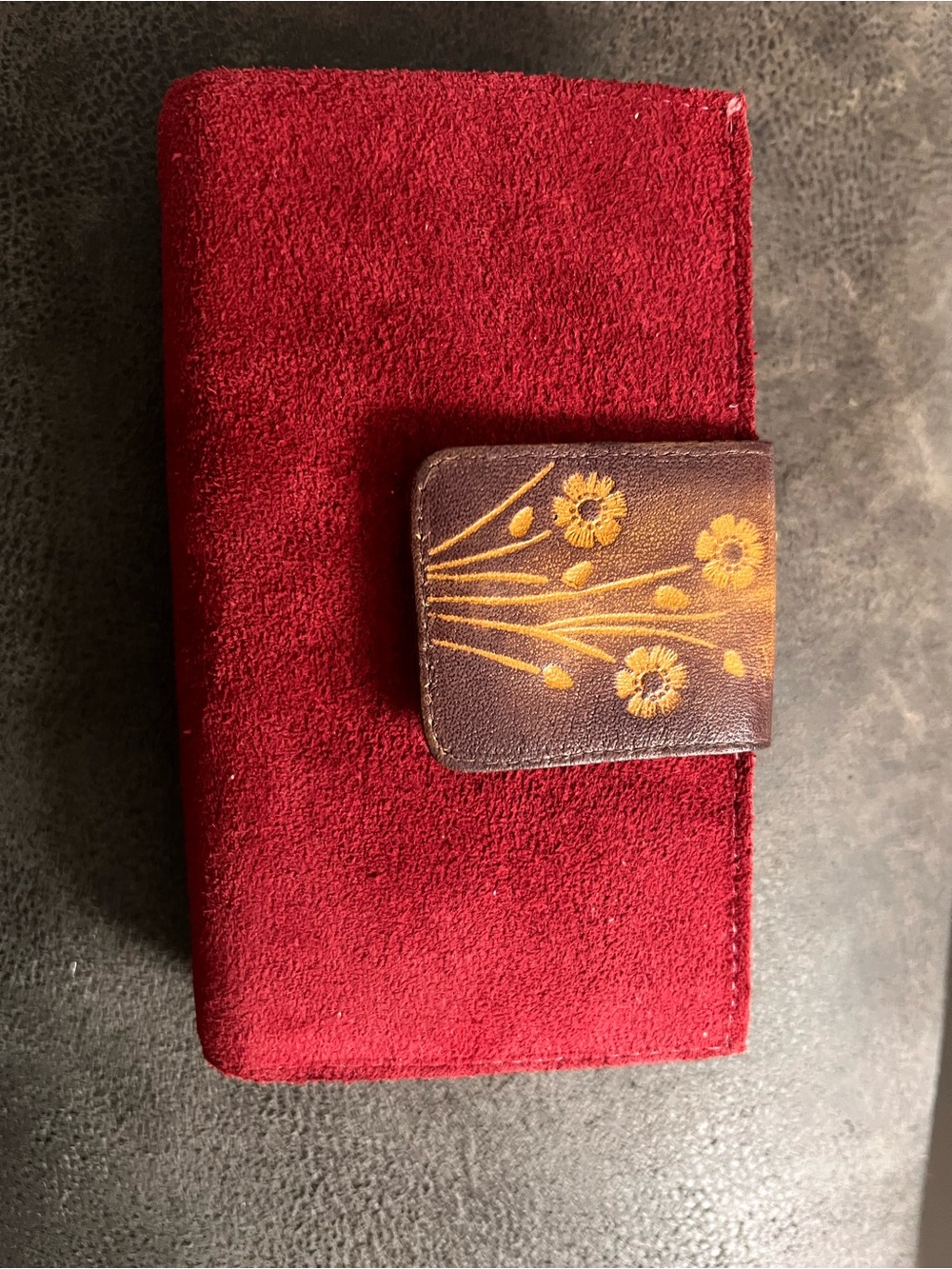 Vintage baronet Red Suede Wallet with Floral Snap Closure